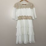 Lulus Westwind White Lace Pleated Tiered Chiffon Dress Crocheted Floral Top Sz L Photo 4