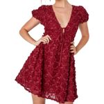 Lulus Elegant Delight Wine Red 3D Floral Lace Puff Sleeve Mini Dress Size Medium Photo 1