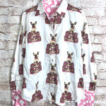 Tizzie French Bull Dog & Luggage Print Button Down Shirt Size Medium NEW White Photo 0