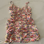 Strangers & Lovers Yellow Floral Satin Rouched Mini Dress Photo 0