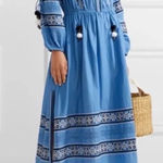 Love Shack Fancy Women's Blue Isla Embroidery Boho Pompom Midi Dress XS Photo 0