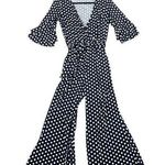 Venus  Jumpsuit Women Small Navy Blue White Polka Dot Belt Retro Classic Wide Leg Photo 0