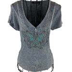 Apt. 9  Gray Ribbed Top with Turquoise and Rhinestone Butterfly Whimsigoth Photo 1