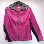 Magenta Faux Leather Jacket with Attached Hoodie Off Air by Giulana Retro Moto Purple Photo 0