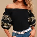Free People  Rock With It Black Embroidered Off the‎ Shoulder Pullover Top Sz M Photo 0