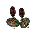 Vintage 1970s Earrings Teardrop Dangle Drop Pink Green Gold Boho Abstract Earrin Photo 0