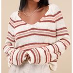 Lulus NWOT Small Deela Ivory Striped V-Neck Pullover Sweater Beige Brown Pink Photo 0