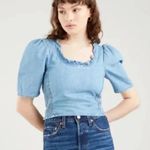 Levi's Levi’s | Light Indigo Louise Short Puff Sleeve Hey Friend Crop Top Blouse Size L Photo 0