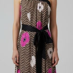 Julie Haus Pink Tan Black Stripe/Floral Silk One Shoulder Dress Size Small Photo 0