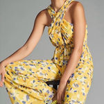 Ieena for Mac Duggal Crossed Halter Tie Waist Floral Jumpsuit Size 6 Yellow Photo 0