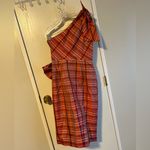 J.Crew  NWT One Shoulder Ocho Silk Blend Orange Plaid Dress with Bows Size 2 Photo 3