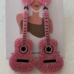 Boutique Pink Glitter Guitar and Heart Charm Drop Barbiecore Eras Statement Earrings Photo 1