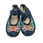 Womens Wedge Heels Canvas Floral Embroidered Ankle Strap Navy Blue 255 US 8.5 Photo 1