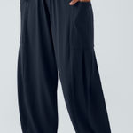 Halara  NEW Wmn Navy Blue Pull-On Palazzo Flowy Wide Leg Pants Sz L Drawstring Photo 0