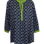 Rock Flower Paper Womens Tunic Top L Blue/White Floral Pattern Green Trim boho Blue Size L Photo 0