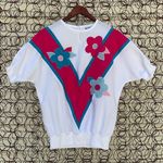 Vintage 80s Dolman Sleeve Windbreaker Blouse blue pink V Floral MEDIUM White Photo 0
