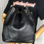 BURBERRYS Large Black Leather Bucket Drawstring Bag Nova Check Lining Authentic Photo 2