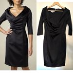 Kay Unger  Portrait Black Satin V-Neck Shawl Collared Sheath Evening Dress Size 8 Photo 1