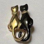 Rhinestone Gold Tone & Black Enamel Brooch Pin Kitty Cat Couple Photo 0