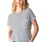 NEW White & Black Mixed Stripes Crewneck Short Sleeve Tee with Chest Pocket M Size M Photo 0