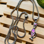 Sterling Silver Pink Opal Cat Pendant on Stainless Steel Rounded Box Chain Pink Photo 0