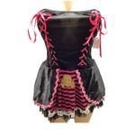 Black and Pink Vintage Corset Dress with Gold Skull and Ruffle Trim Photo 2