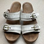 Dansko  Jessie Sandal 39 White & Cream Houndstooth‎ Brass Buckle Slip On Heel Photo 1