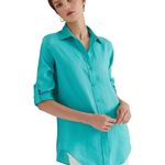 Ralph Lauren The LAUREN ® Roll-Tab-Sleeve Aqua Blue Turquoise Linen Shirt Photo 2