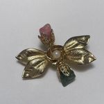 Green / Pink Gemstone Flower / Leaf Design Gold Tone Metal Brooch Pin Photo 1