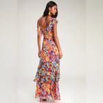 LULUS Radiant Floral Flower Chiffon Ruffles Maxi Dress Ruby Red Size Medium NEW Photo 1