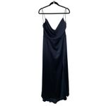 NWT AMSALE Chloe Navy Fluid Satin Drape Neck Side Slit Maxi Dress Size 16 GB131S Blue Photo 3