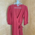 Madewell Red Linen Blend Wrap Midi Dress Puff Sleeve Tie Waist XS Photo 3