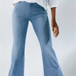 Soft Surroundings NEW Wide Flare Leg Pull On Stretch Jeans Blue Large L NWT Photo 0