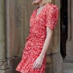 Parker  Krislyn Dress in Red Aurora 16 Womens Floral Chiffon Faux Wrap Photo 13