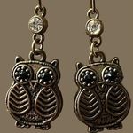 Antique gold owl dangle earrings hook black rhinestone eyes clear rhinestones 2. Photo 0