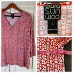 Clara Sun Woo Geometric Print Shirt Blouse Top Large Flowy Stretch Office Church Red Photo 1