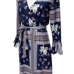 Blue Mosaic Print Faux Wrap Belted Dress Polyester 3/4 Bell Sleeve Size XS Photo 0