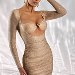 Oh Polly  Nude Beige Rhinestone Embellished Cut Out Ruched Corset Mini Dress Photo 0
