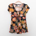 Y2K Only 9 Womens Babydoll Top Size M Petite Black Orange Floral Retro Indie Photo 1