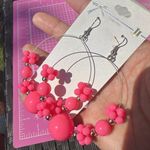 JJ lead free hook earrings hot pink beads big loops silver tone lightweight Photo 2