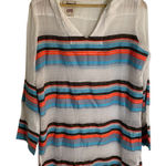 Lemlem  Thin Ivory Pull-over Hoodie with Colorful Stripes Size Medium Photo 0