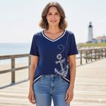 Alfred Dunner  Petite Navy Anchor Embellished V-Neck T-Shirt Top PL Photo 1