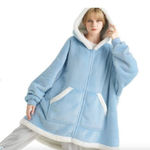 NWT Sherpa Fleece Zippered Short Wearable Blanket Hoodie Blue Size M Photo 0