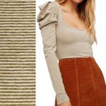 Free People  Penelope Tan Striped Knit Top Long Ruched Puff Sleeves Size Medium Photo 12