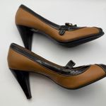 Etienne Aigner Cynthia Women's 7M Peep Toe Heels Brown & Tan Faux Leather Shoes Photo 4