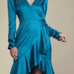 Lulus Teal Blue Lulu’s Flair For Drama Satin Jacquard Wrap Midi Dress Size S Photo 0