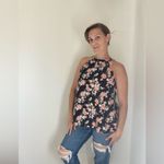 SheIn Floral Sleeveless Blouse Pink Flowers Black Medium Keyhole Back Tie Photo 4