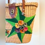 Vintage 3D Floral Wicker Basket Bag Purse Handbag Tan Green Photo 2