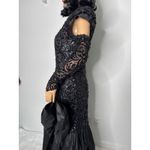 Vintage Demetrios Black Beaded Evening Gown with Dramatic Bow gloves M Photo 14