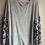 Pink Lily Light Gray Top with Leopard Print Sleeves Medium Photo 0